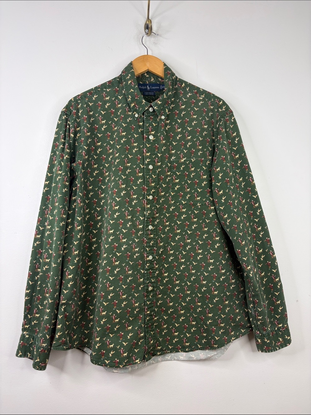 Vintage Ralph Lauren Shirt Mens XXL Green Cotton Long Sleeve Collar Hunting Dogs